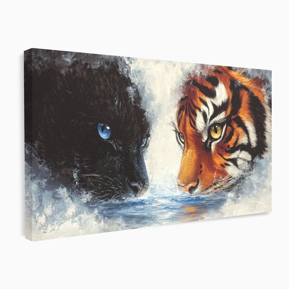 Tablou canvas cu tablou canvas cu pantera si tigru, fara rama, pe sasiu de lemn